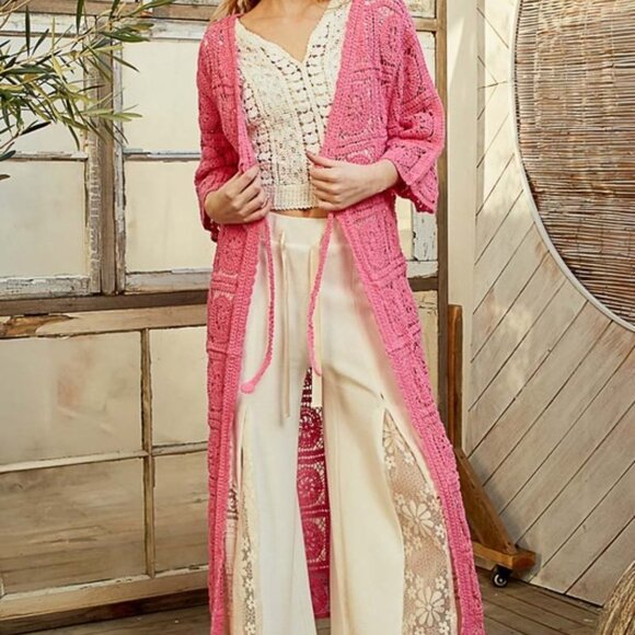 P1926 New POL Tied Crochet 3/4 Sleeve Longline Cardigan - Picture 2 of 4